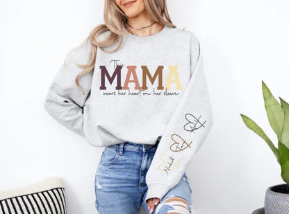 🔥For Mom🔥Personalized MAMA Wears Her Heart On Her Sleeve Sweatshirt(Buy 2 Free Shipping)