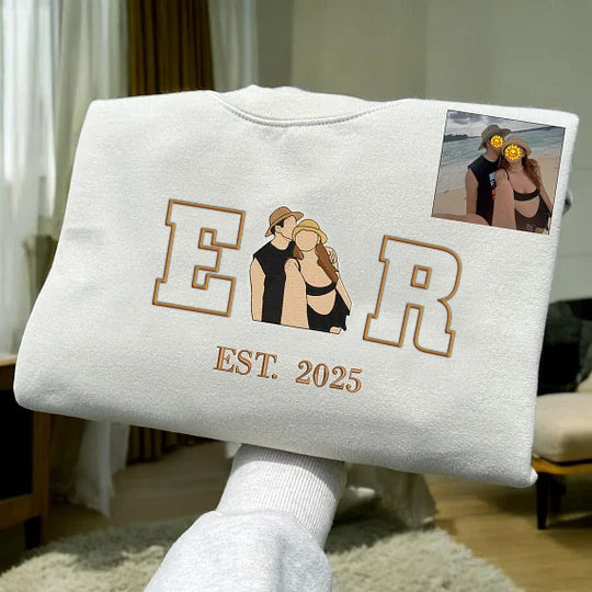 Loversdovey Personalized Embroidered Photo Couple Initial Est Year Crewneck/Hoodie/T-shirt