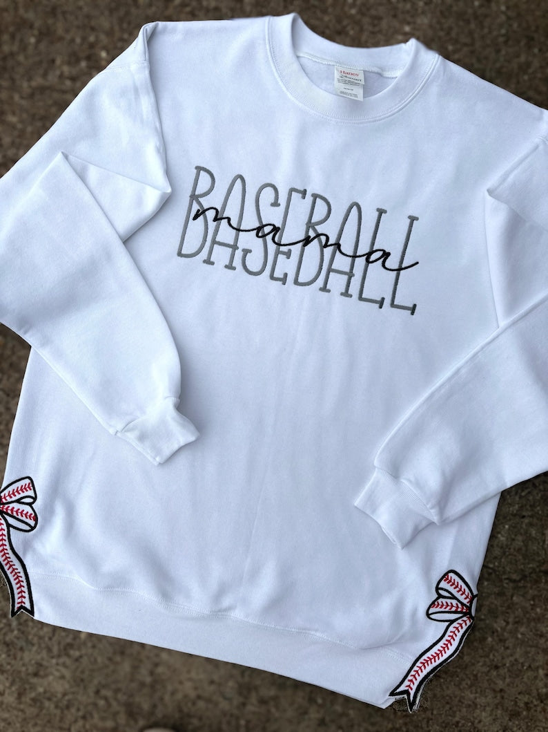 Baseball Mama Crewneck Sweatshirt with Trendy Side Bow Glitter Applique & Embroidered Sleeve, Baseball, Baseball mom, Baseball Momma, Boymom
