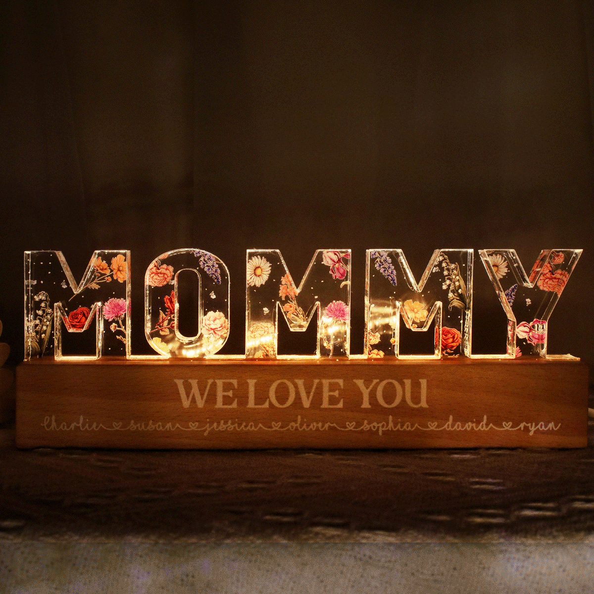 Custom Flower Printed LED Night Light, Birth Month Flower, Custom Name, Gift For Her