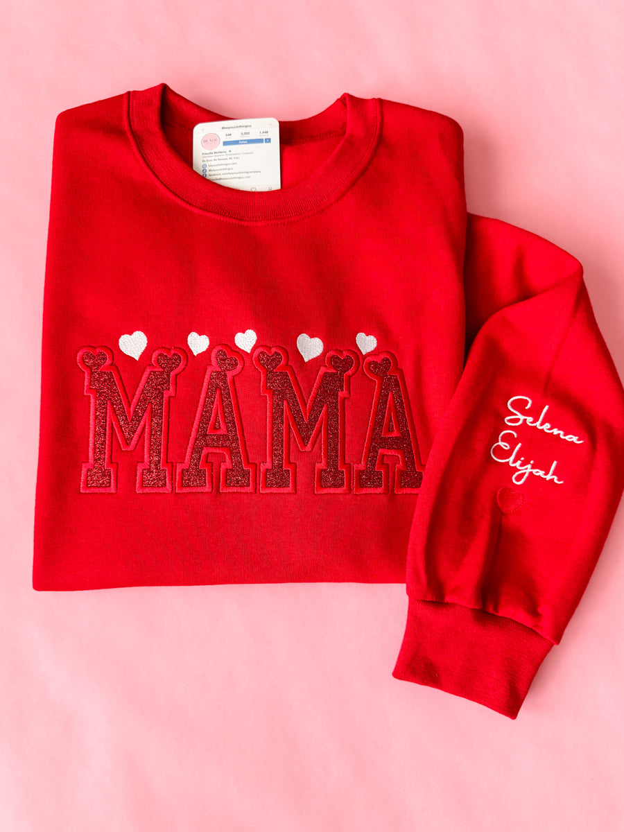 Embroidered Heart Mom Sweatshirt With Child's Name On The Sleeve