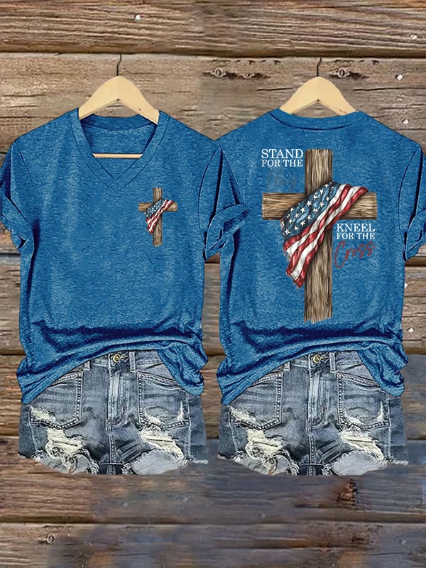 Women's Stand For The Flag Kneel For The Cross Printed Casual T-Shirt
