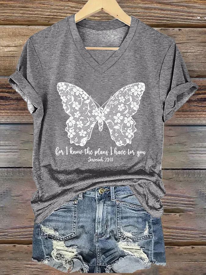 Women'S Casual I Know I Am For You Jeremiah 29:11 Cute Butterfly Christian Graphic Print Short Sleeve V Neck T-Shirt