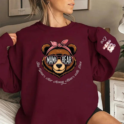 Mama Bear She Wears Her Honey Bears with Love Sweatshirt, Custom Kids Name On Sleeve Mothers Day Gift