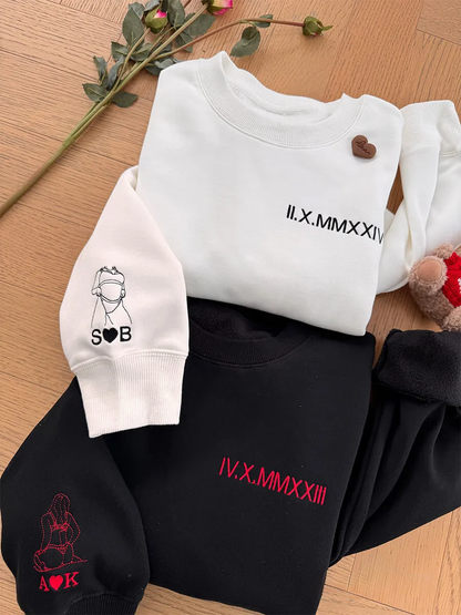 Loversdovey Custom Roman Numeral Embroidered Sweatshirt • Couples Gift • Personalized Portrait and Initial On Sleeve