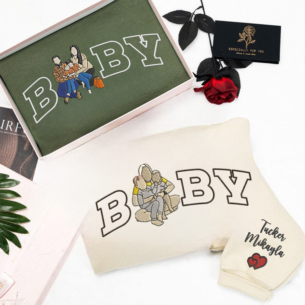 Custom Baby Embroidered Family Portrait Sweater, Personalised Photo & EST Year Sweatshirt, Gifts for Family