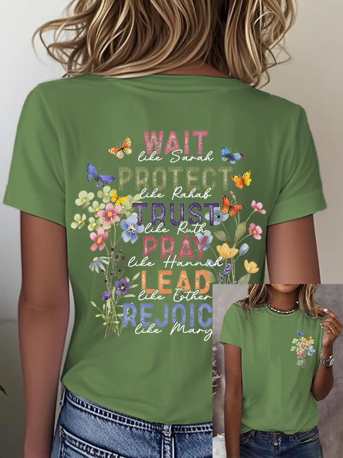 Women'S Casual Floral Faith Print Short Sleeve T-Shirt