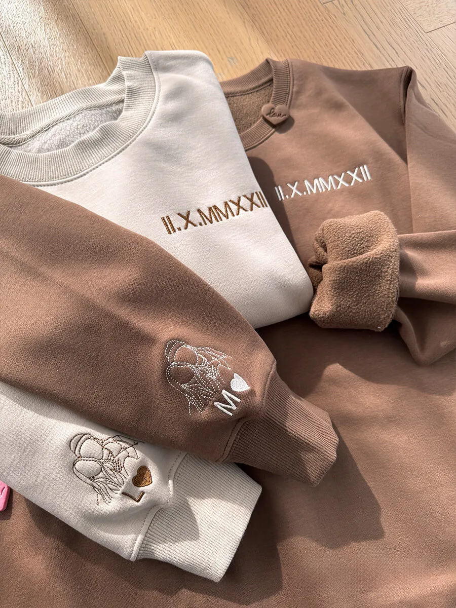 Loversdovey Custom Roman Numeral Embroidered Sweatshirt • Couples Gift • Personalized Portrait and Initial On Sleeve
