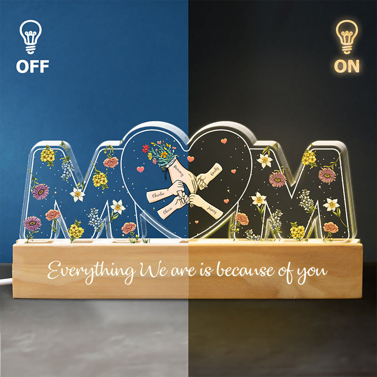 Mom Holds Kids Hands Everything We Are Is Because Of You - Personalized 3D LED Light Wooden Base - Gift For Mom, Mother's Day Gift