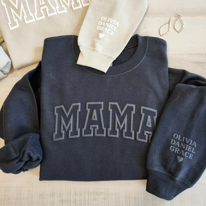 Mama Sweatshirt with Puff Lettering, Personalized Kid Names on Sleeve, Mama Sweater, Cute Gift for Mama