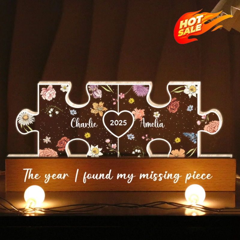 You Are My Missing Piece Couple Initials Floral Theme Personalized Acrylic LED Night Light