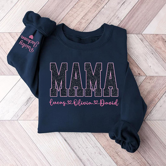 Custom Mom Glitter Embroidered T-shirt &Sweatshirt With Loving children‘s Name