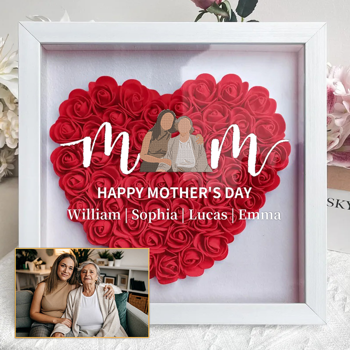 Mom Heart Outline Photo Shaped Monogram Flower Shadow Box Gift