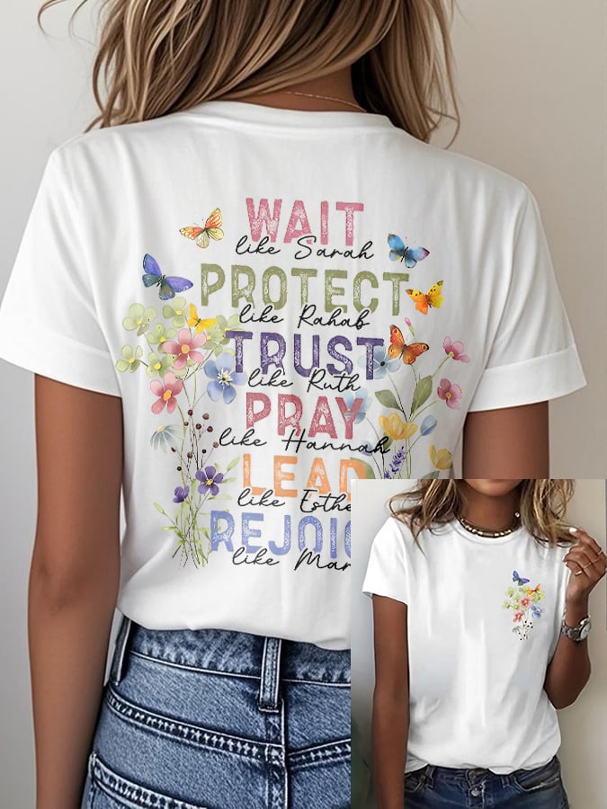 Women'S Casual Floral Faith Print Short Sleeve T-Shirt