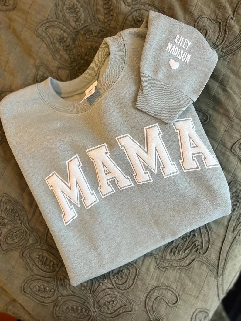 Mama Sweatshirt with Puff Lettering, Personalized Kid Names on Sleeve, Mama Sweater, Cute Gift for Mama