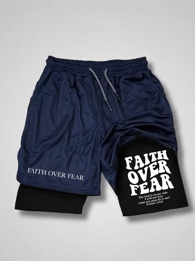 Men'S Faith Over Fear Print Double Layer Shorts (With Pockets)