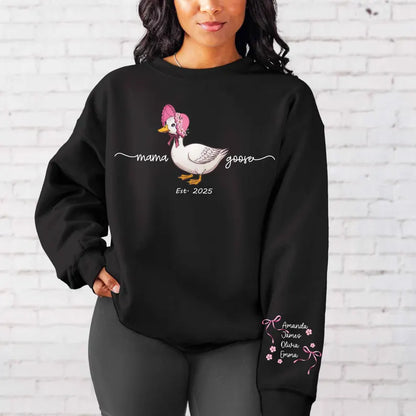 Custom Mama Goose Est 2025 Sweatshirt,Mama With Kid Name on Sleeve Sweater Mother's Day Sweater Cute Mama Goose Coquette Sweat Gift for Moms