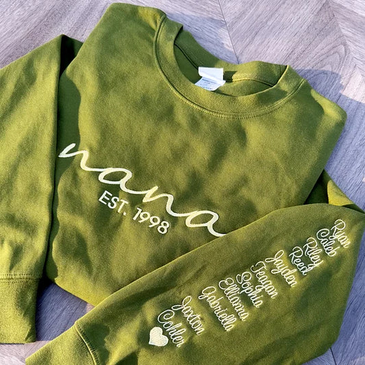 Custom Embroidered Mama/Nana Sweatshirt with Kids Names on Sleeve