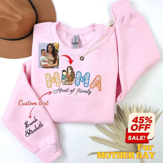 Embroidered Floral Mama Sweatshirt With Kids Names, Custom Portrait Photo Hoodie, Custom Shirt Gift For Mother