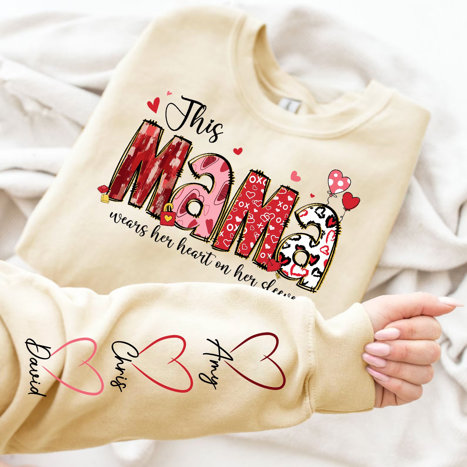 Personalized Heart on Her Sleeve MUM Sweatshirt