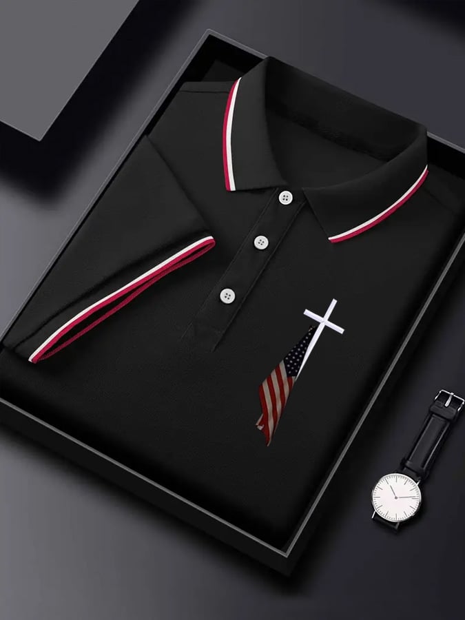 Men's  Flag Cross Print Polo Shirt