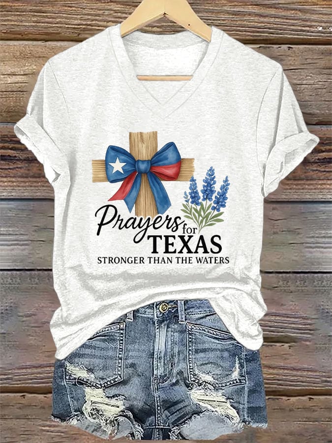 V-Neck Retro Texas Strong Prayers For Texas Stronger Than The Waters Print T-Shirt