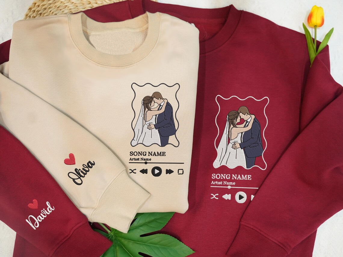 Custom Couple Music Wavy Frame Embroidered Sweatshirt