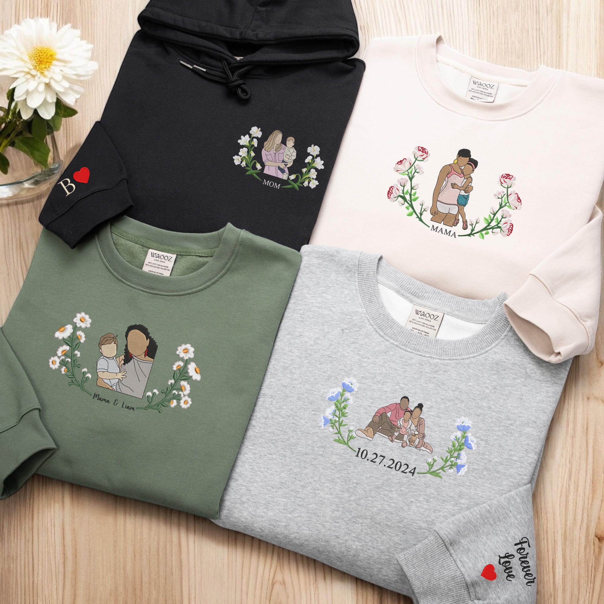 Mama Sweatshirt with Photo, Custom Embroidered Hoodie Mama and Kids Portrait