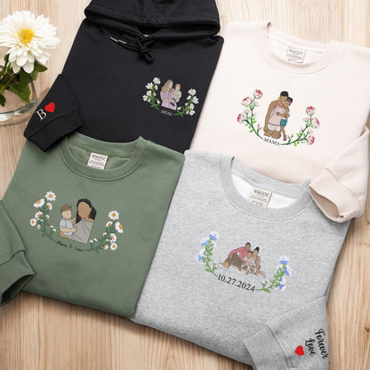 Mama Sweatshirt with Photo, Custom Embroidered Hoodie Mama and Kids Portrait