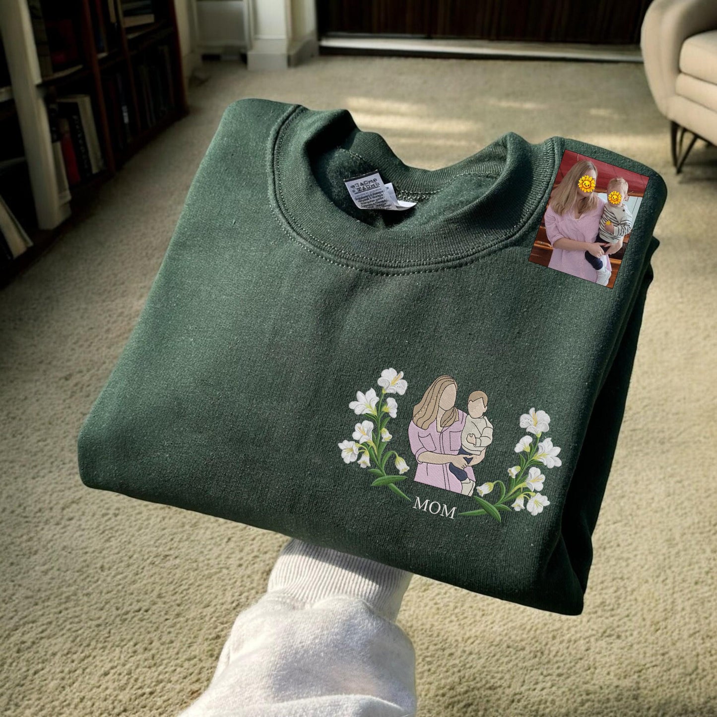 Mama Sweatshirt with Photo, Custom Embroidered Hoodie Mama and Kids Portrait