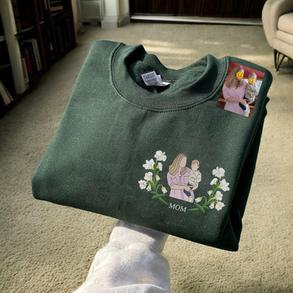 Mama Sweatshirt with Photo, Custom Embroidered Hoodie Mama and Kids Portrait