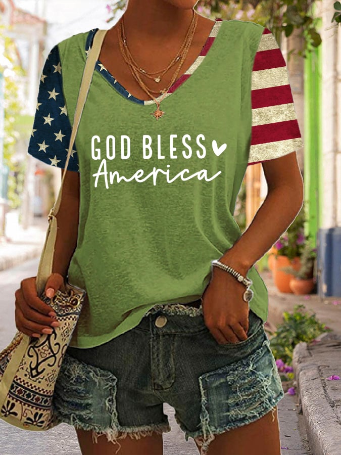 Women's Flag God Bless America Print Casual T-Shirt