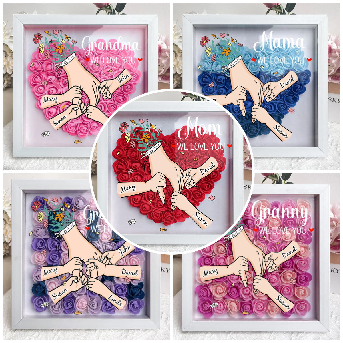 Family Love Blooms Forever – Personalised Mom & Grandma Flower Shadow Box with Names