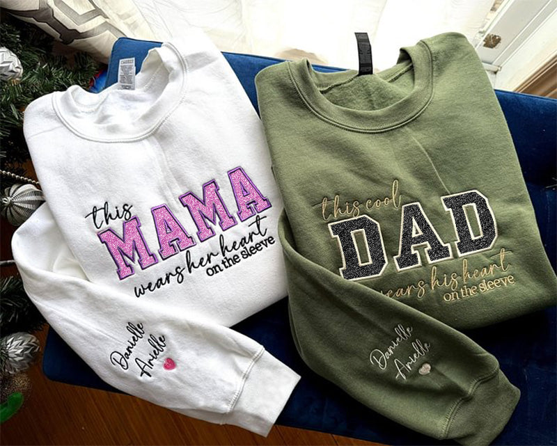 Mom Wears Her Heart on Her Sleeves Custom Embroidered T-Shirt Crew Neck Hooded Sweatshirt Gift for Mom