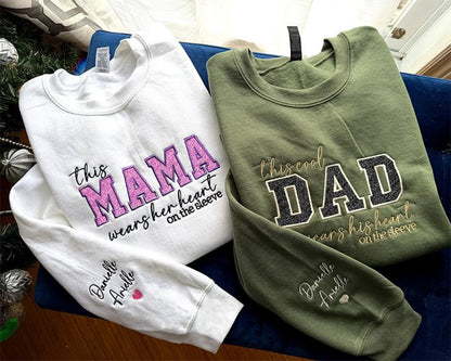 Mom Wears Her Heart on Her Sleeves Custom Embroidered T-Shirt Crew Neck Hooded Sweatshirt Gift for Mom