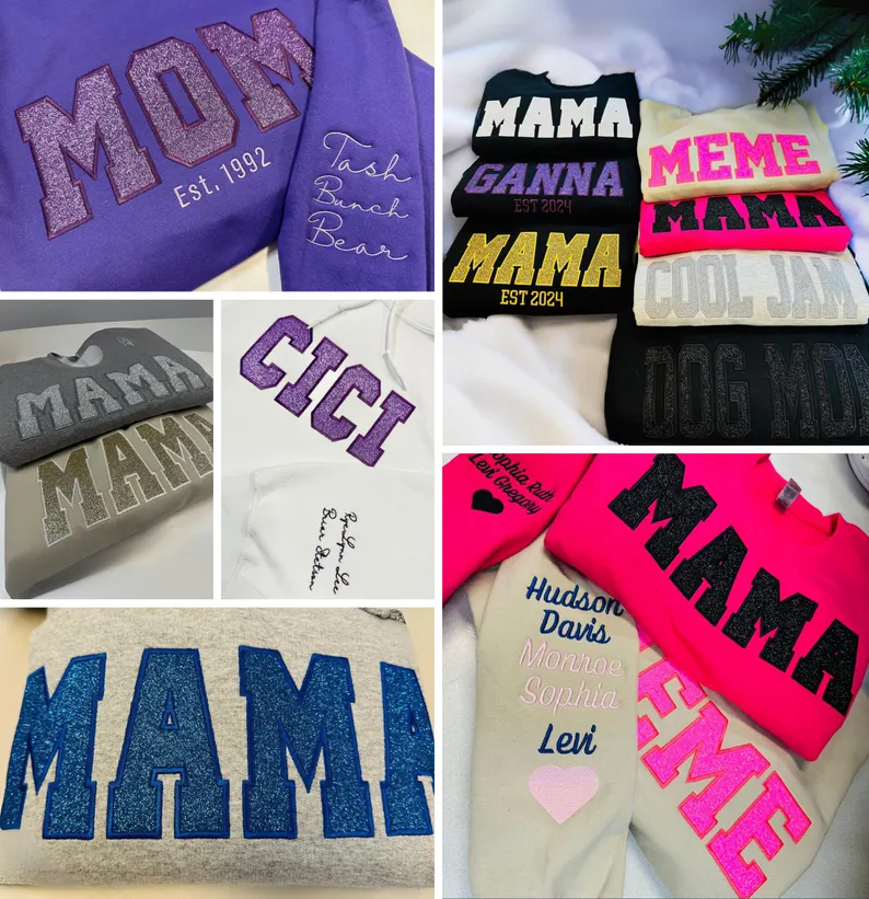 Custom Applique Glitter Embroidery Mom Sweatshirt - Mother's Day Gift