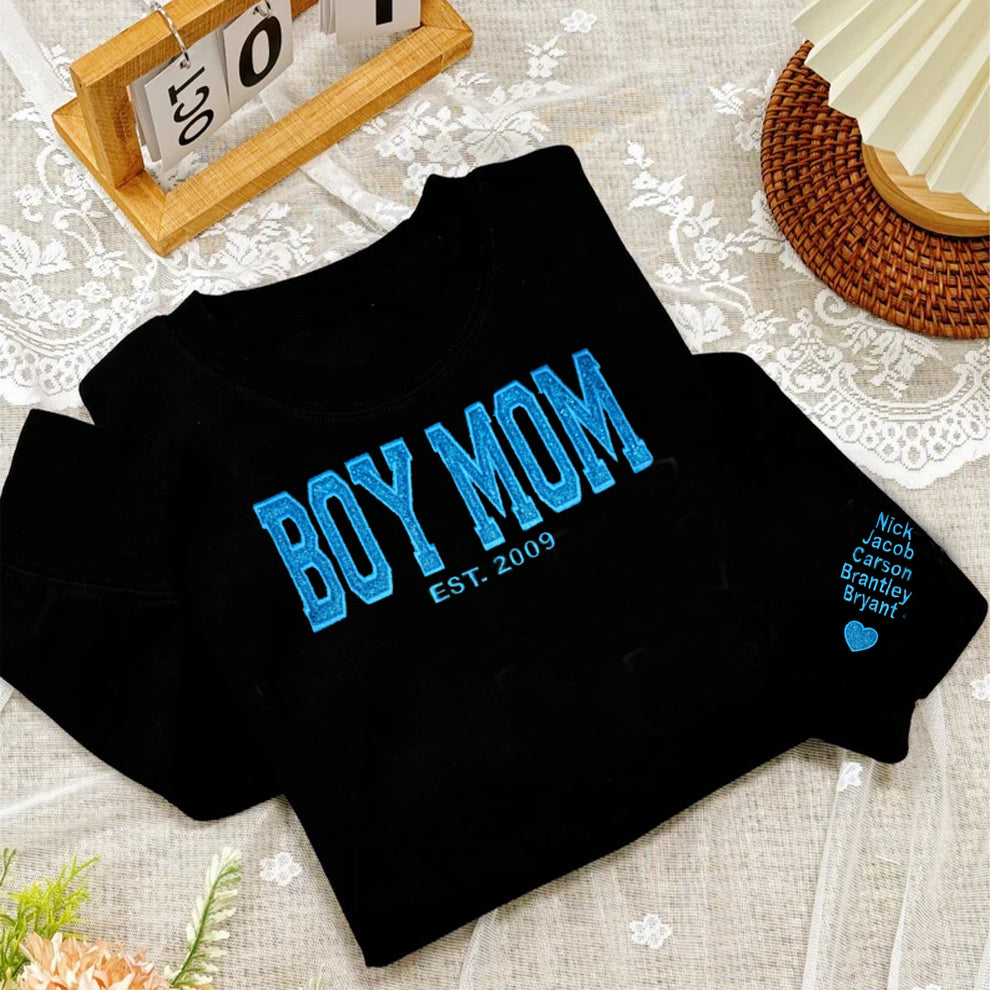 Custom Embroidered Boy Mom Glitter Vinly Sweatshirt Hoodie