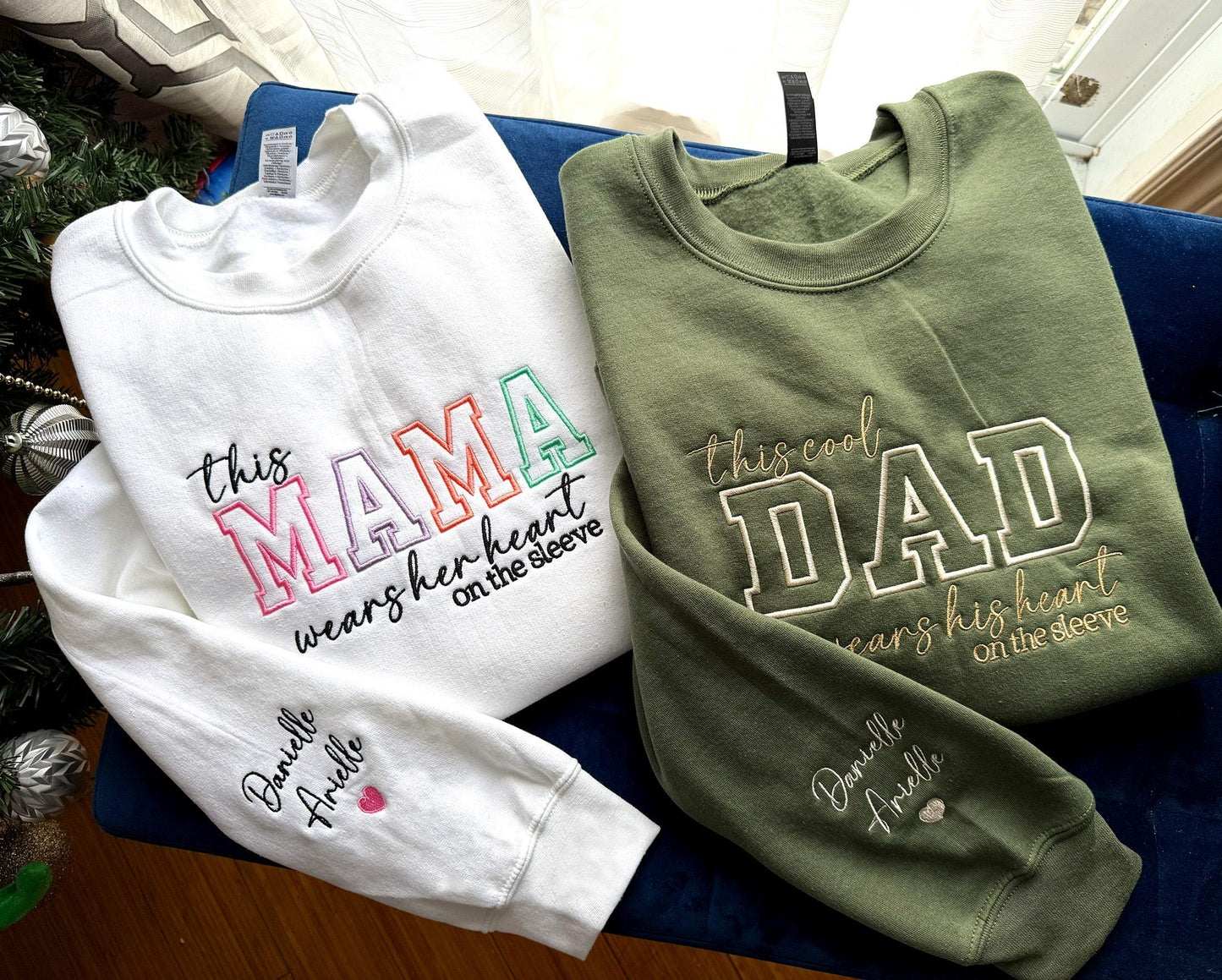 Mom Wears Her Heart on Her Sleeves Custom Embroidered T-Shirt Crew Neck Hooded Sweatshirt Gift for Mom