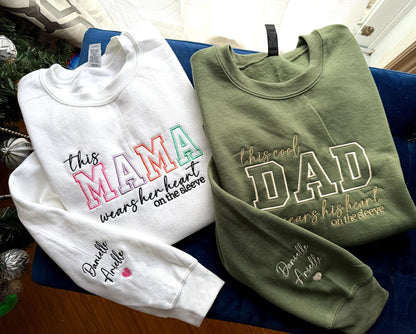 Mom Wears Her Heart on Her Sleeves Custom Embroidered T-Shirt Crew Neck Hooded Sweatshirt Gift for Mom