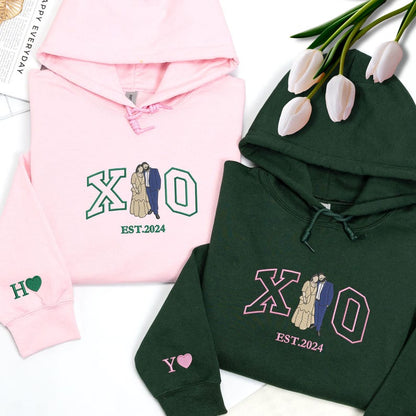 Loversdovey Customized Couples Hoodies | Embroidered Couple Portrait Matching Sweatshirt | Husband Wife Hoodies