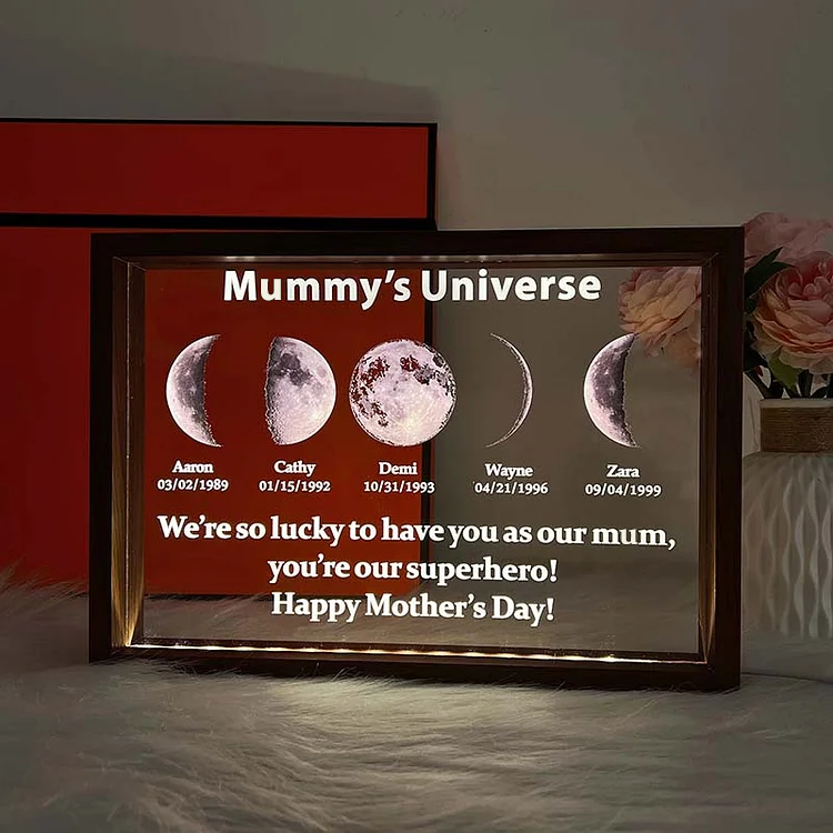 Led Light Frame With Text And Date The Real Moon Phase- Mom's Universe,Gift For MUM