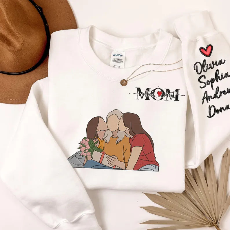 Custom Embroidered Mom Sweatshirt with Personalized Photo & Kids Names, Unique Mother’s Day Gift, Best Mom Ever Hoodie