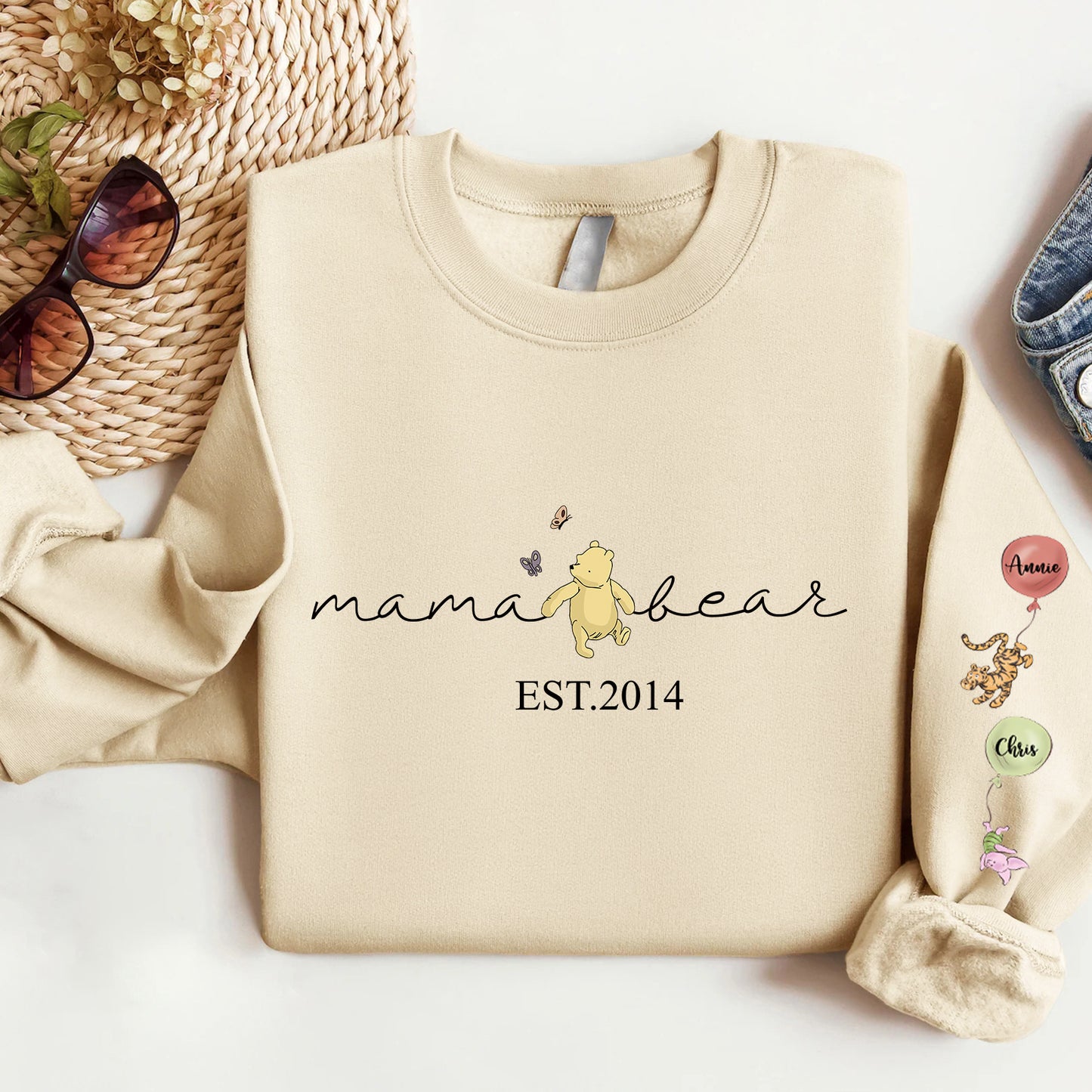 Custom Mama Bear Sweatshirt, Mama Est with Kids Names on Sleeve Sweatshirt