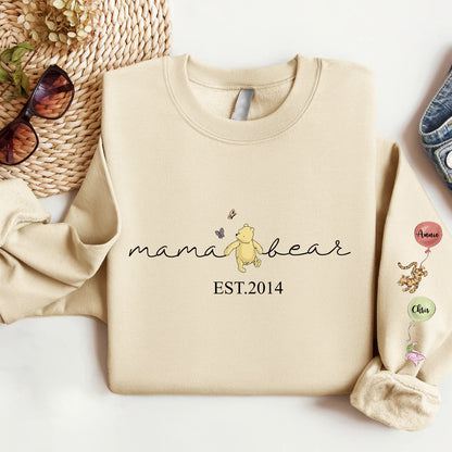 Custom Mama Bear Sweatshirt, Mama Est with Kids Names on Sleeve Sweatshirt