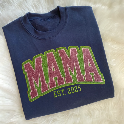 Custom Mama & Year Glitter Applique Embroidered Sweatshirt - Personalized Gift for Mom