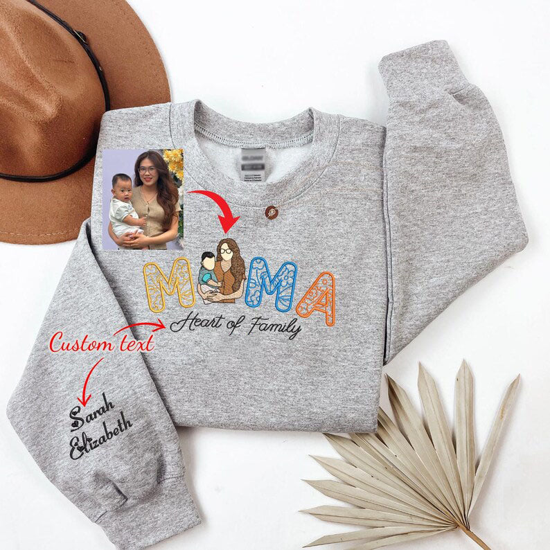 Embroidered Floral Mama Sweatshirt With Kids Names, Custom Portrait Photo Hoodie, Custom Shirt Gift For Mother