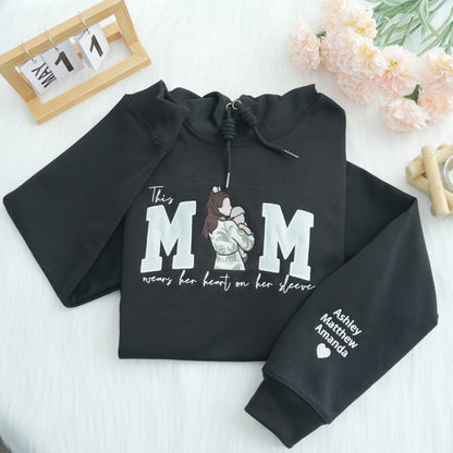 Mom Wears Her Heart on Her Sleeves Custom Glitter Mama Sweatshirt with Photo Gift for Mom Nana