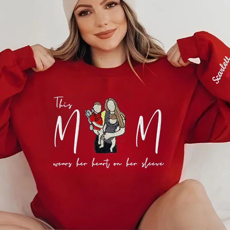 Mom Wears Her Heart On Her Sleeve Custom Photo Embroidered T-Shirt Crew Neck Hooded Sweatshirt
