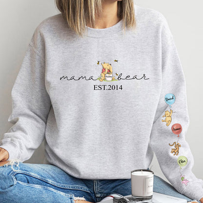 Custom Mama Bear Sweatshirt, Mama Est with Kids Names on Sleeve Sweatshirt