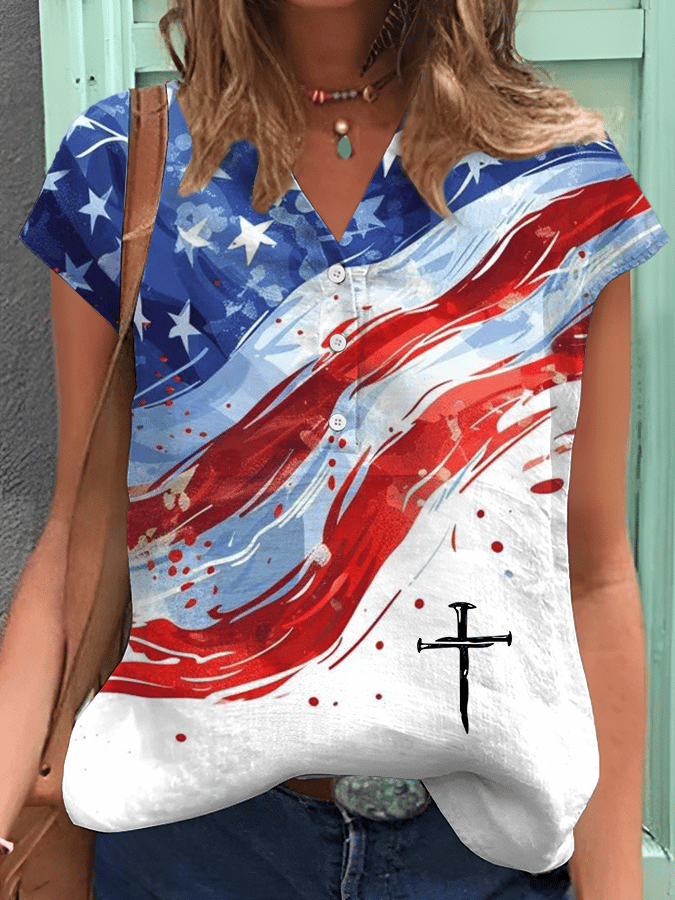 Women's Independence Day Faith Print Button Design V Neck Shirt